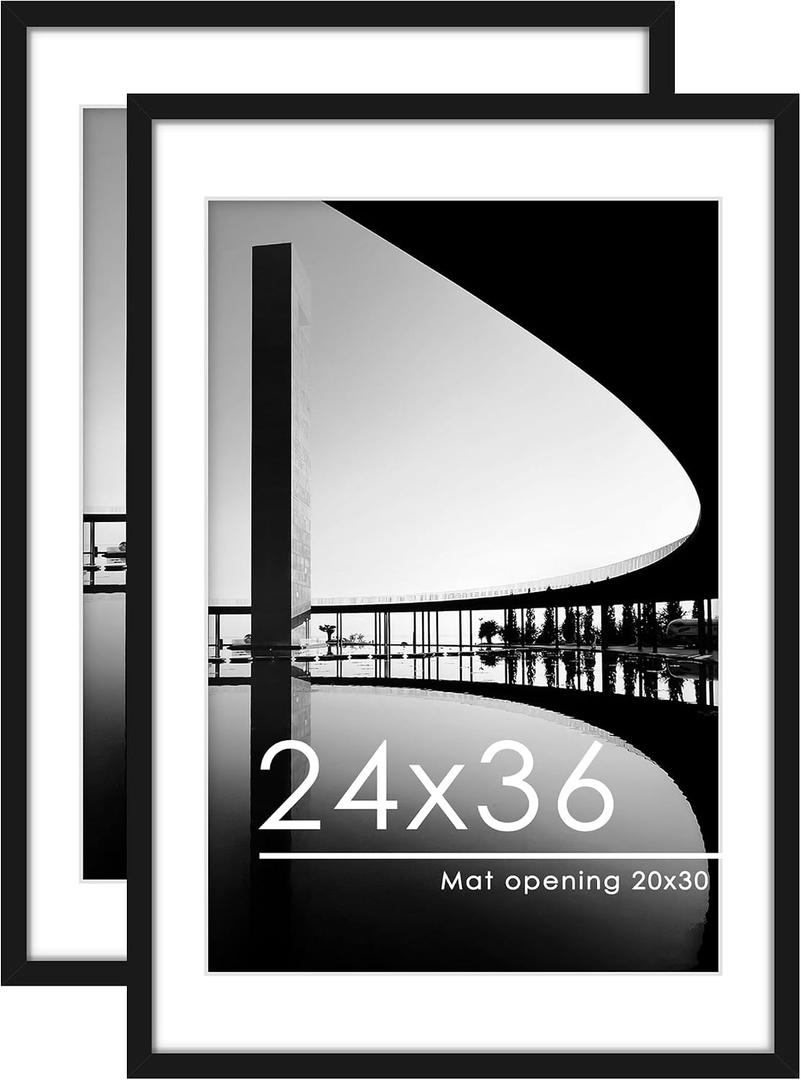 PEALSN 24x36 Poster Frame Set of 2, Display Pictures 20 x 30 with Mat or 24 x 36 without Mat, Poster Frames 24 x 36 inches for Wall Mounting Display, Black