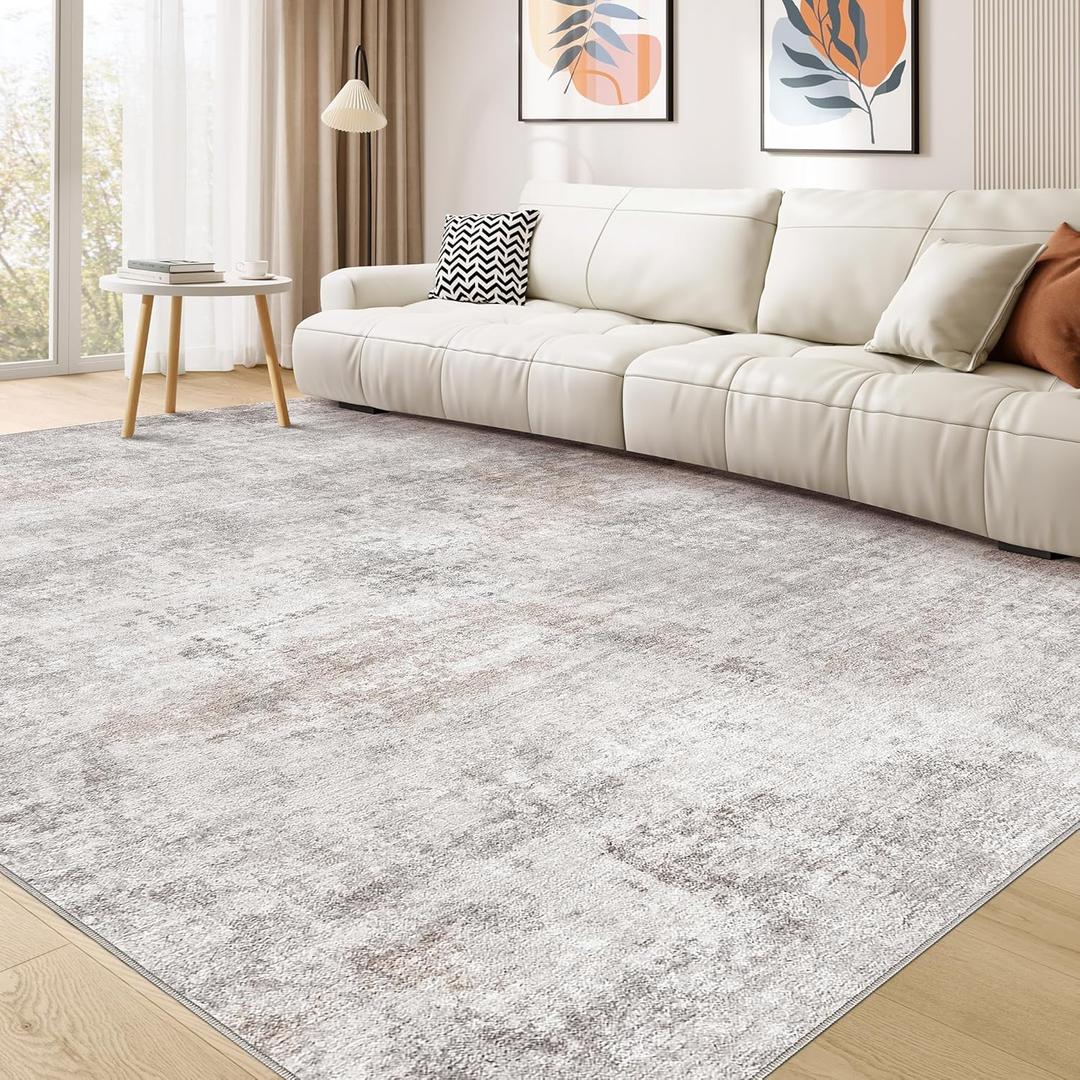 Washable Rug 10x14 Area Rugs for Living Room: Modern Abstract Neutral Soft Carpet for Bedroom Dining Room Under Kitchen Table Home Office Decor - Brown Grey