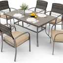 Pamapic 8504 Patio Dining 7 Piece, Outdoor Wicker Furniture Set for Backyard Garden Deck Poolside/Iron Slats Table Top, Removable Cushions, 7 Pack, Beige