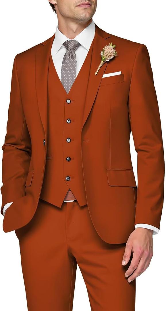 3 Piece Suit Men Slim Fit Wedding Suits for Mens Elegant One Button Jacket Single Breasted Vest Pants Set (Small, Burnt Orange)