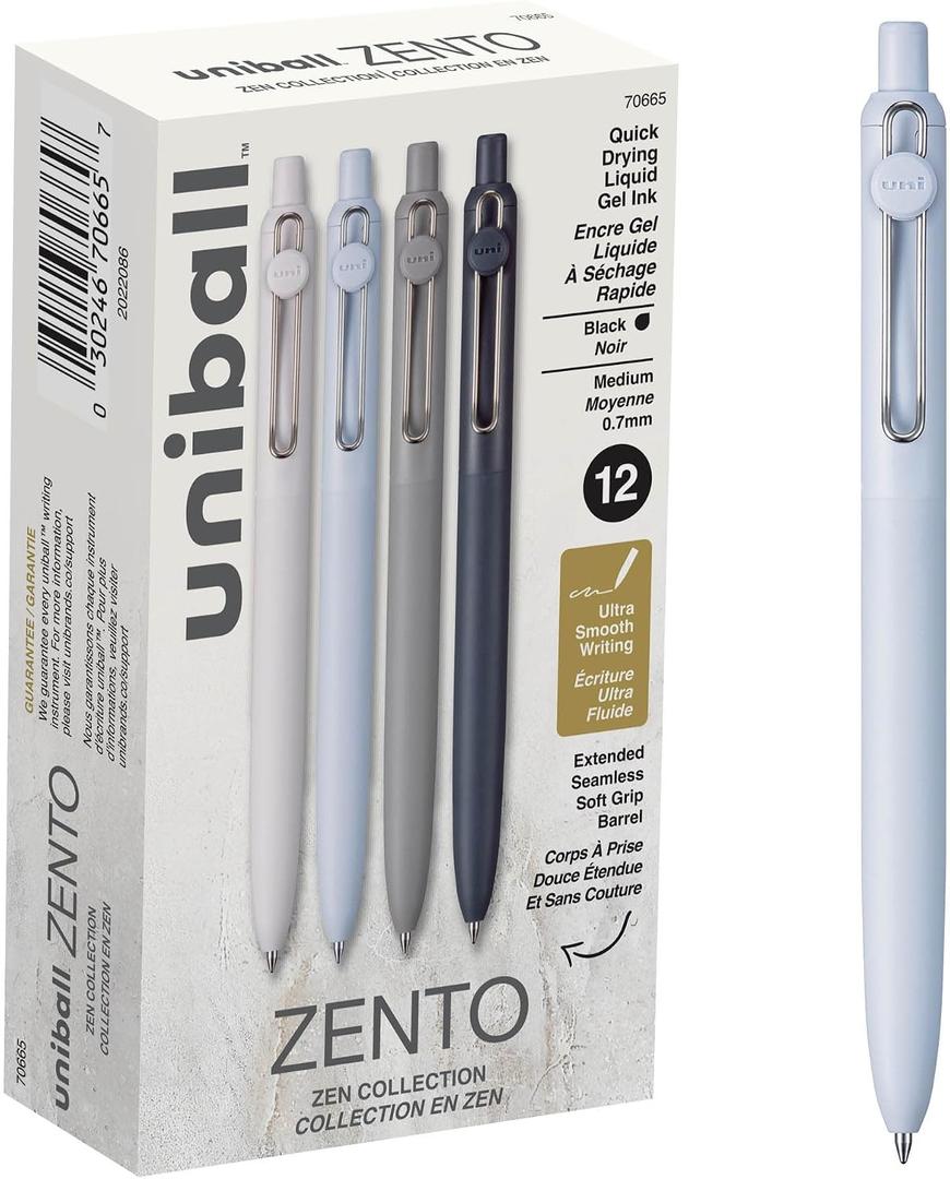 Uniball Zento Gel Ink Rollerball Pens, 12 Black Medium Point Smooth Writing Pens, Colored Japanese Pens, Zen Colors