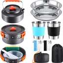 Soulchen 25 Pcs Camping Cookware Mess Kit Camping Pots and Pans Set with 2 Set Stainless Steel Cups Plates Forks Knives Spoons for Camping, Backpacking, Outdoor Cooking and Picnic