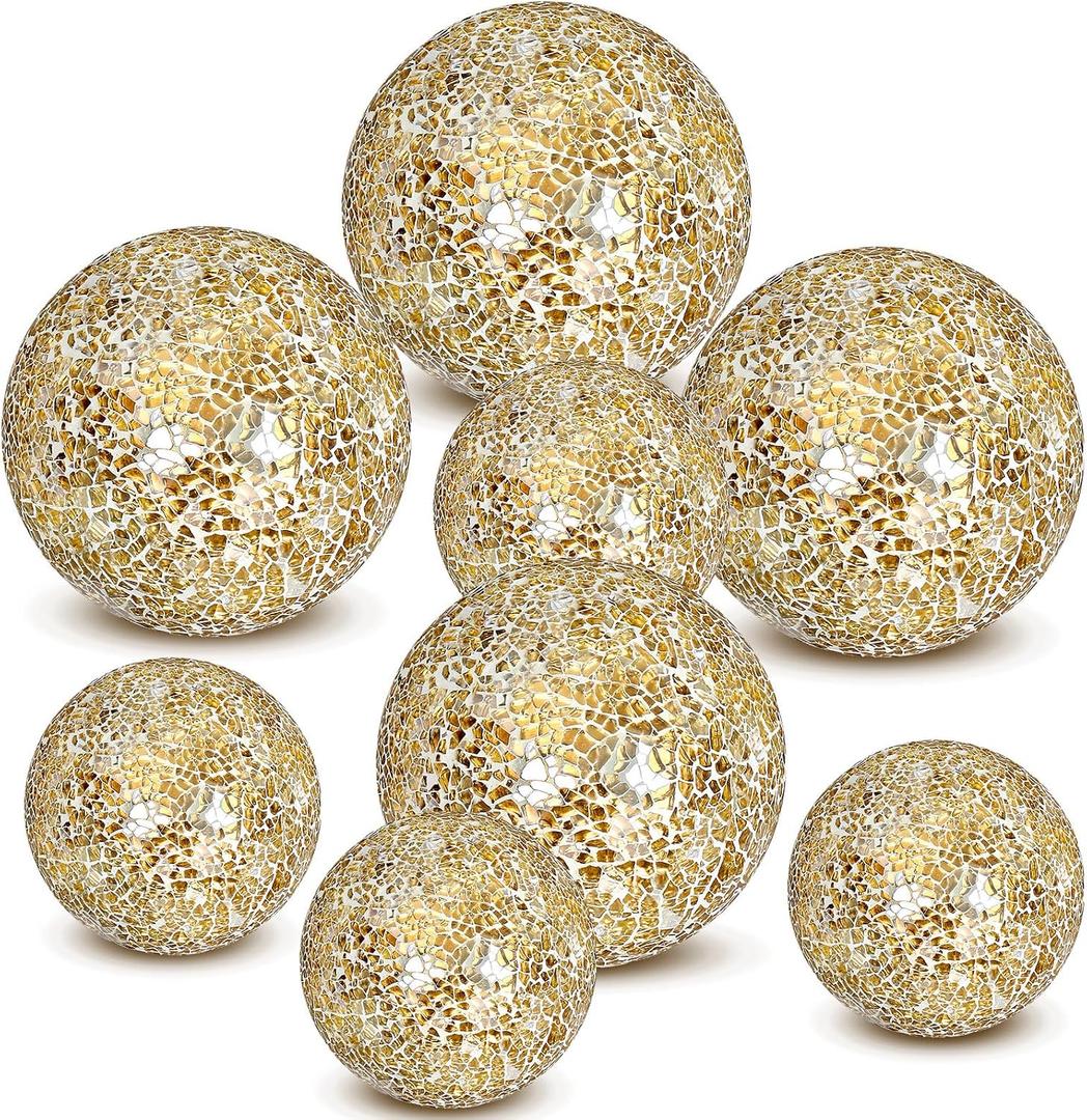 Qinyoung Gold 8 Pcs Decorative Ball for Bowls, 3'' 4'' Glass Mosaic Sphere Decorative Orbs for Centerpiece Bowls Vase Fillers, Wedding, Party, Coffee Table & Home Decor