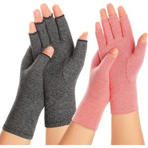 2 Pairs Arthritis Compression Gloves for Women Men, Carpal Tunnel Pain Relief, Fingerless for Typing Both Hands (Small, Grey 1+Pink 1)