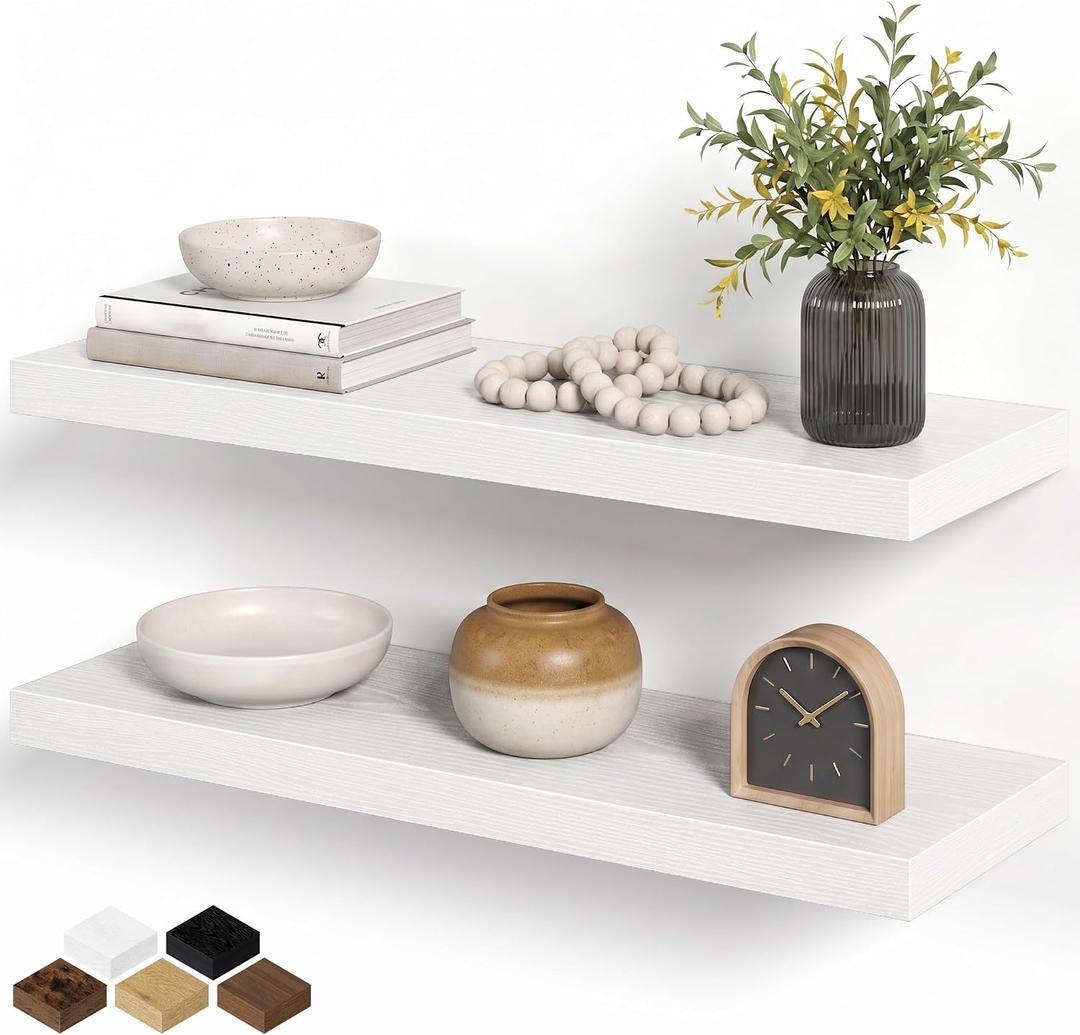 White Floating Shelves for Wall Set of 2, 28" White Floating Shelves for Home Decor, Rustic Wood Wall Mounted Shelf, Hanging Deep Shelf for Living Room, Bedroom, Bathroom, Kitchen, 27.5"L x 8"D