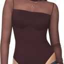 Nebility Women Long Sleeve Bodysuit Turtleneck - Mesh Shapewear Body Suit Tops Thong Going Out Tops Fall Outfits (Large, Brown)