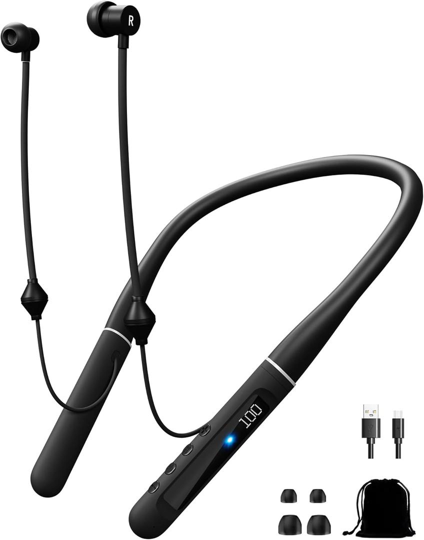 Air Tube Bluetooth Headphones with LED Battery Display, EMF Free Neckband Wireless Earbuds with 25H Playtime, HD Bass Airtube Headphone Emf Free with Mic And Controls, Airtube Earbuds For Sleep, Work, Gym