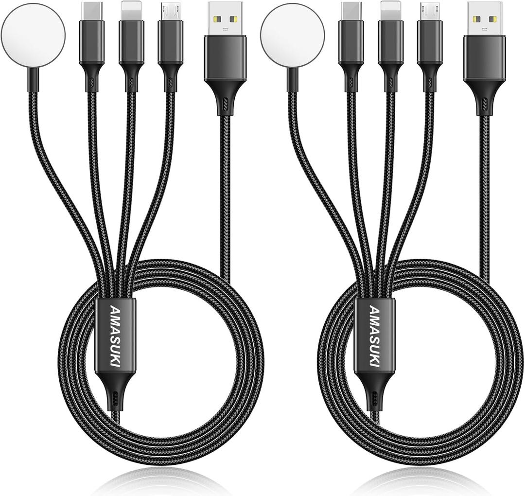 2Pack Multi Charging Cable for Apple Watch Charger 4 in 1 Travel Essentials RV Camping Essentials USB C/L/Micro Compatible with iWatch Series 11-1/iPhone 17/16/15/Android Airplane Gadgets-4FT/Black