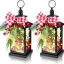 Honoson 2 Pcs Christmas Lanterns Decorative with LED String Lights Metal Hanging Xmas Vintage Lantern with Red Ribbon Berry for Indoor Outdoor Xmas Home Porch Party Decor(Bow)