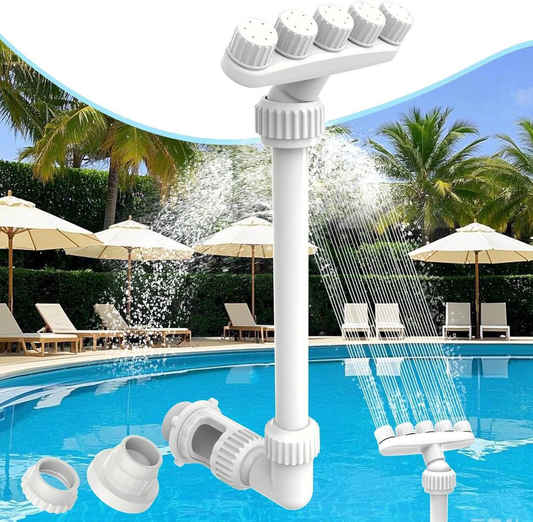 360Adjustable Pool Fountain for Above Ground and Inground Pools,Five Nozzles Waterfall Sprinkler for Cooling & SPA Relaxation, Fun High-Pressure Swimming Pool Spray Accessories, White with 2 Adapter
