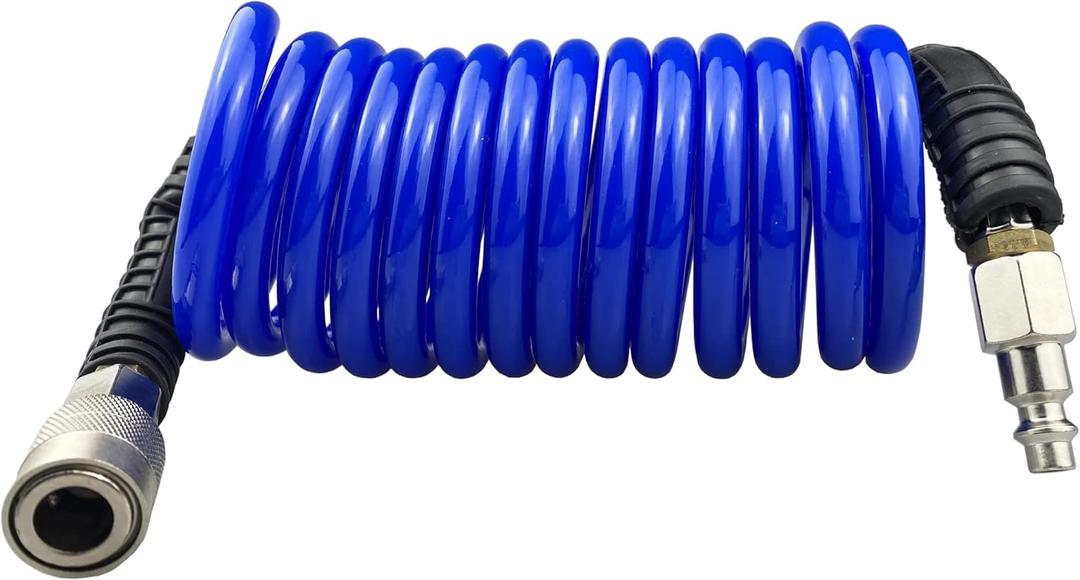 Polyurethane Recoil Air Hose, 1/4" Inner Diameter,10 Feet Blue with Bend Restrictor and Industrial Quick Coupler and Plug