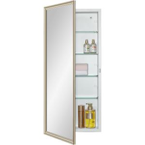 IDYLLOR White Medicine Cabinet with 16x36 Inch Gold Frame Mirrored Door, Wall Mounted Storage, Recessed or Surface Mount, 4 Adjustable Glass Shelves, Vanity Organizer for Bathroom, Bedroom, Hallway, 16x36 inch Framed Mirrored Door