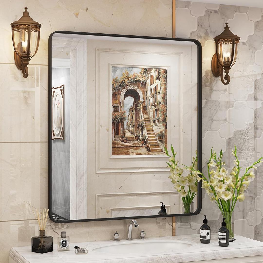 32x36 Inch Black Metal Framed Bathrrom Mirror for Wall, Black Rounded Rectangle Mirror, Matte Black Bathroom Vanity Mirror, Anti-Rust, Tempered Glass, Hangs Horizontally or Vertically