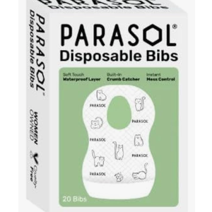 PARASOL Disposable Bibs, Soft-Absorbent Top Layer with Leak-Resistant Waterproof Backing, Built-In Crumb Catcher, Hypoallergenic, Disposable Bibs for Toddlers and Babies, 4 Boxes (20 Each), 80 Count