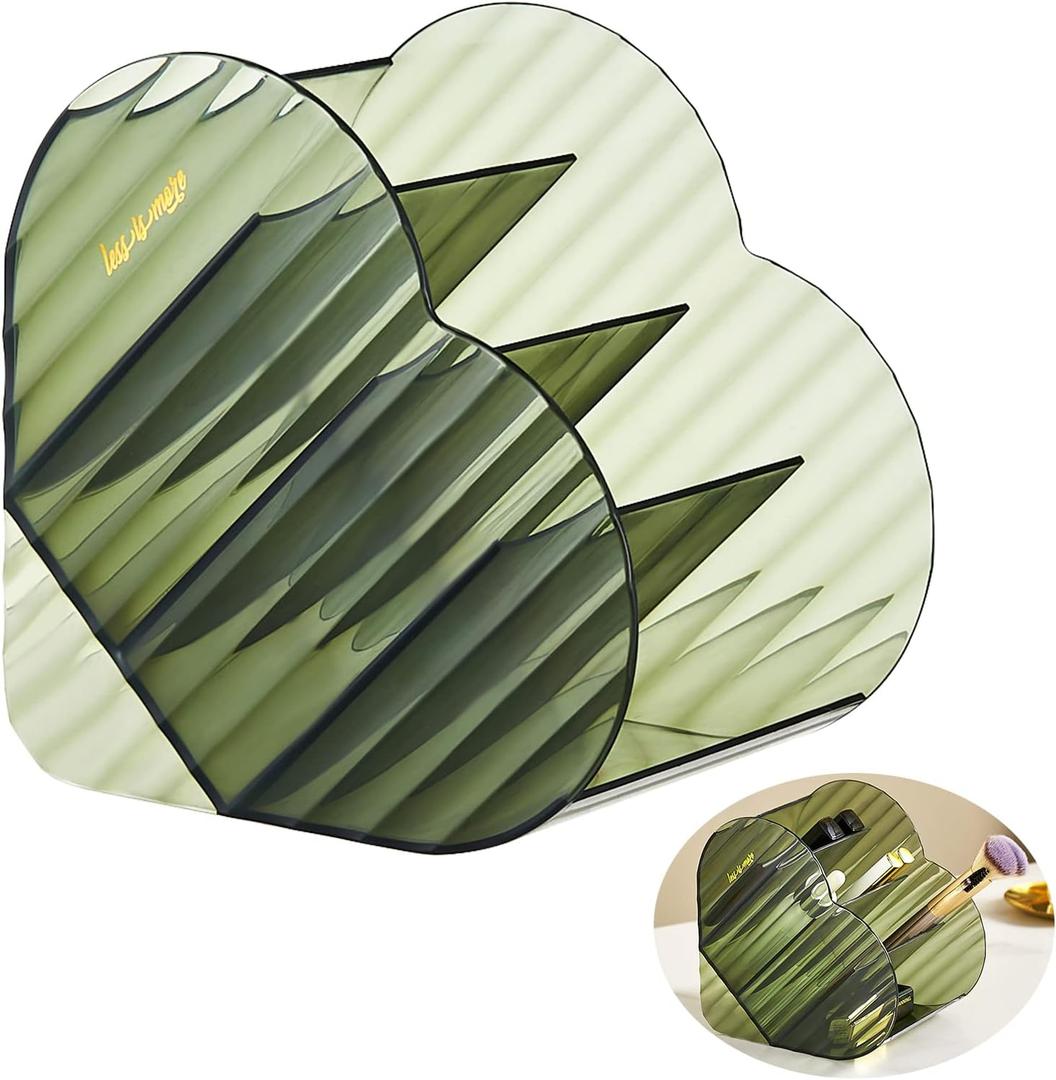 DASITON Large Capacity Makeup Brush Holder Organizer,4 Slot Love Makeup Brushes Cup,Heart shaped Makeup Organizer,for Vanity,Bathroom,Desk Storage Container,Cosmetic Display cases(Clear Green)