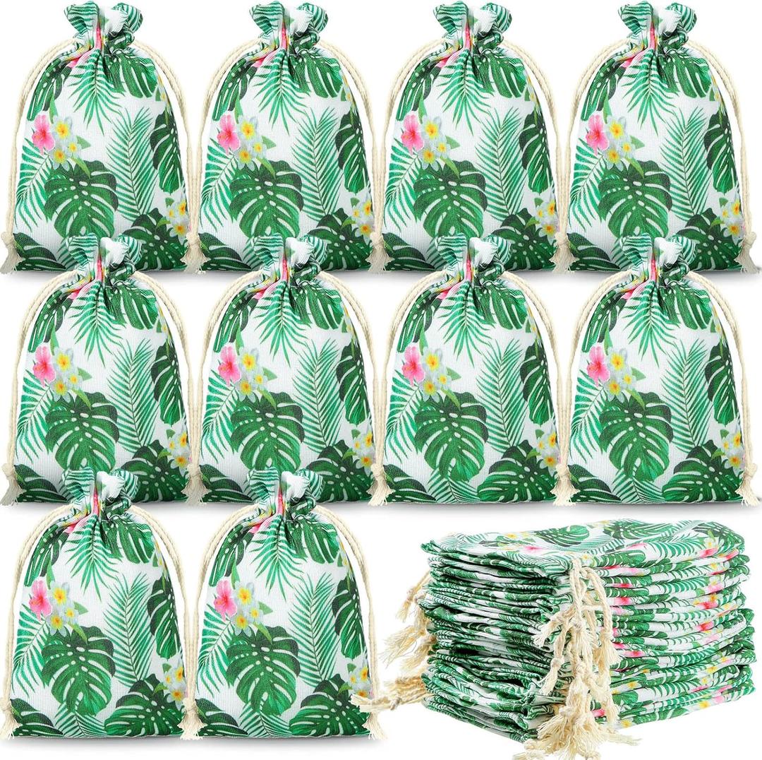 Saintrygo 20 Pcs Tropical Gift goodie Bags Hawaii Luau Party Favor Drawstring Palm Leaf Candy Bags (4 x 6 Inch)