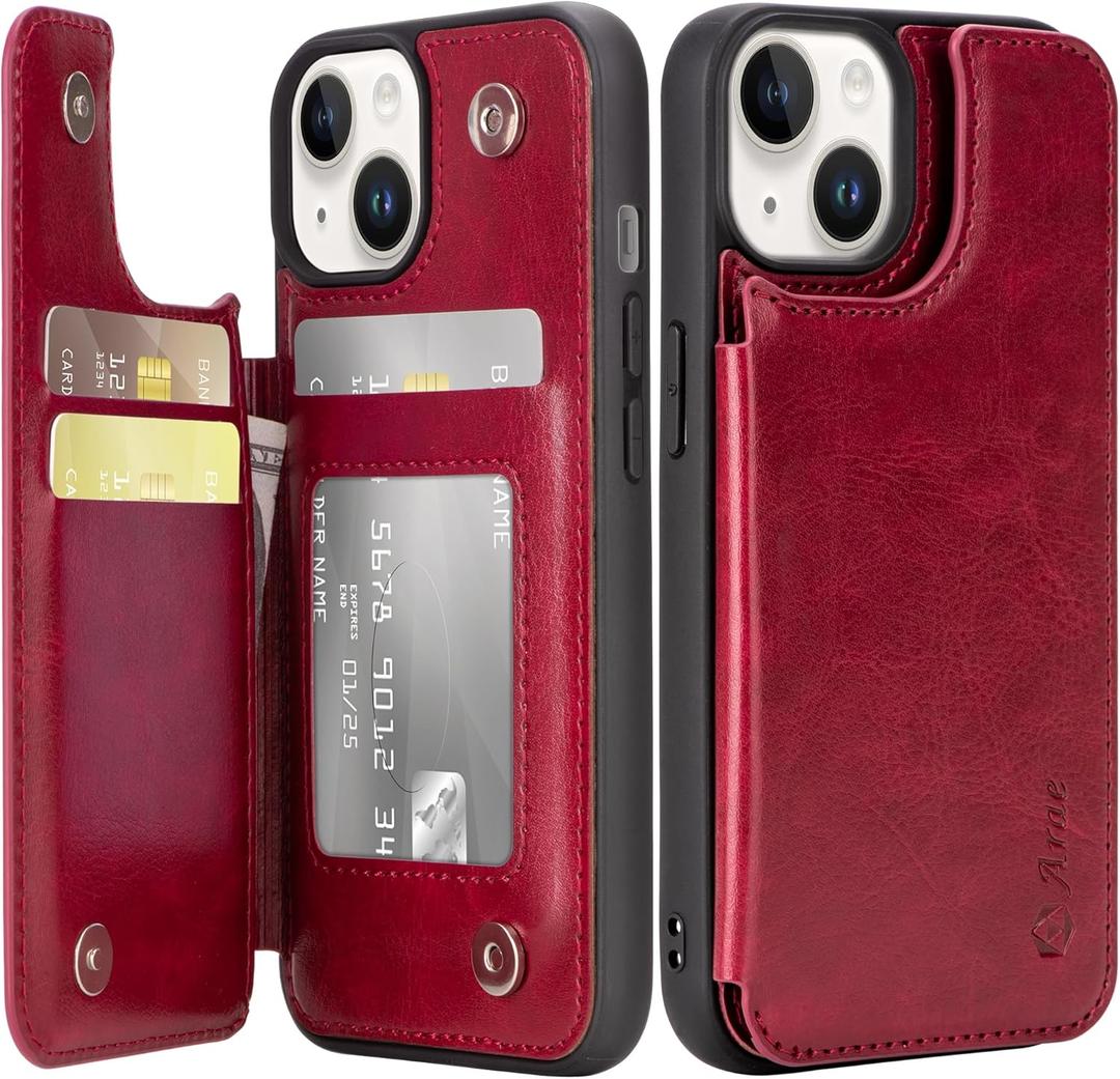 Arae Case for iPhone 14 - Wallet Case with PU Leather Card Holder Back Flip Cover for iPhone 14 6.1 inch - Wine Red
