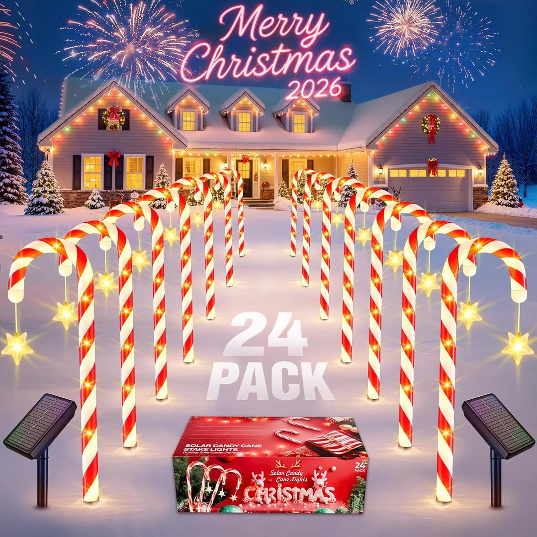 Solar Christmas Lights Outdoor Decorations: 24-Pack Candy Cane Pathway Lights with 10 Modes - Unique Xmas Gifts for Mom Women - Waterproof Decorative Christmas Yard Stakes for Holiday Garden Decor