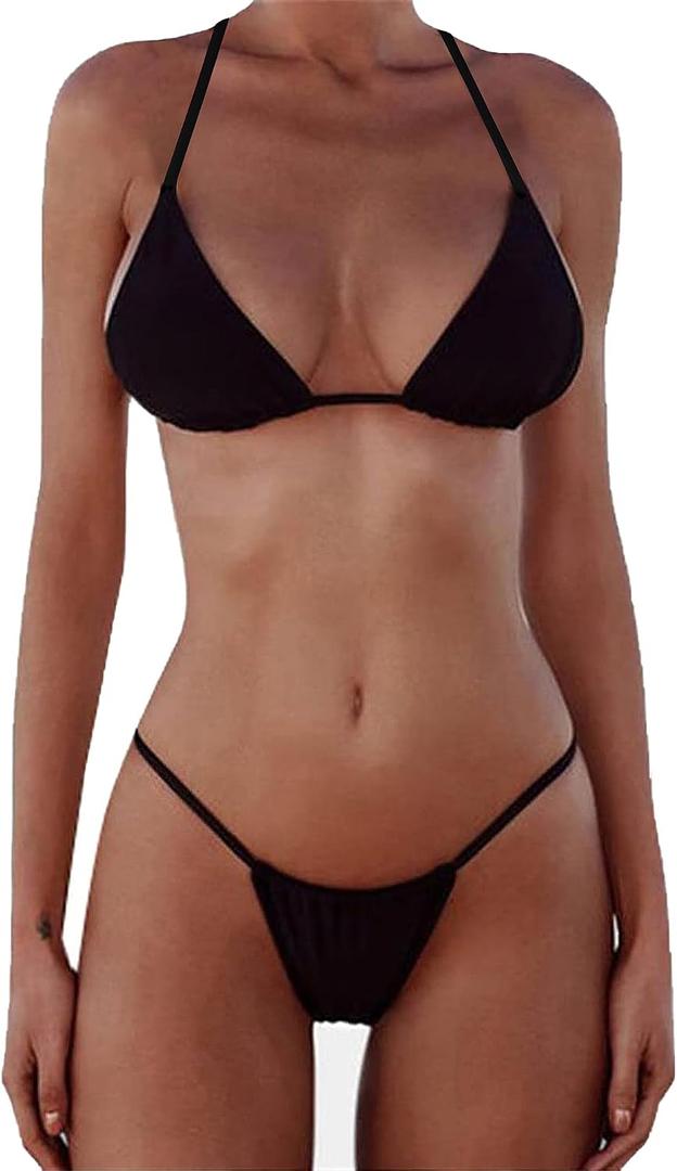 XUNYU Thong Bikini Sets for Women - Brazilian Micro String Bikinis Sexy Two Piece Swimsuit Triangle Top Halter Bathing Suits (Black, S)