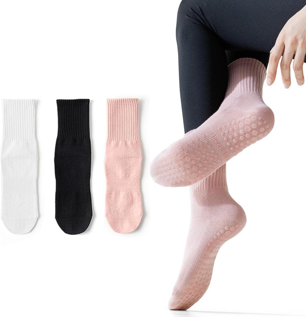 3 Pairs Yoga Socks for Women Non-Slip Grips, Pilates, Barre, Pregnancy, Dance, Hospital Socks. (White)
