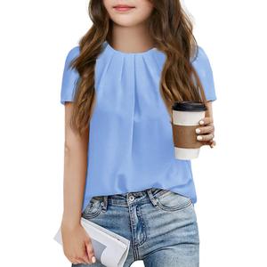 Girls Shirts Summer Short Sleeve Cute Tops Chiffon Pleated Blouses 5-14 Years Sky Blue (Blue)