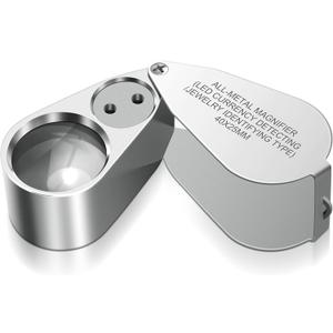 Leffis 40X Jewelers Loupe Magnifier Magnifying Glasses, LED/UV Illuminated Jewelry Loop Pocket Folding Magnifying Glass with Metal Construction for Close Work, Gardening, Kids, Stamp, Rock Collecting (1 Pack)