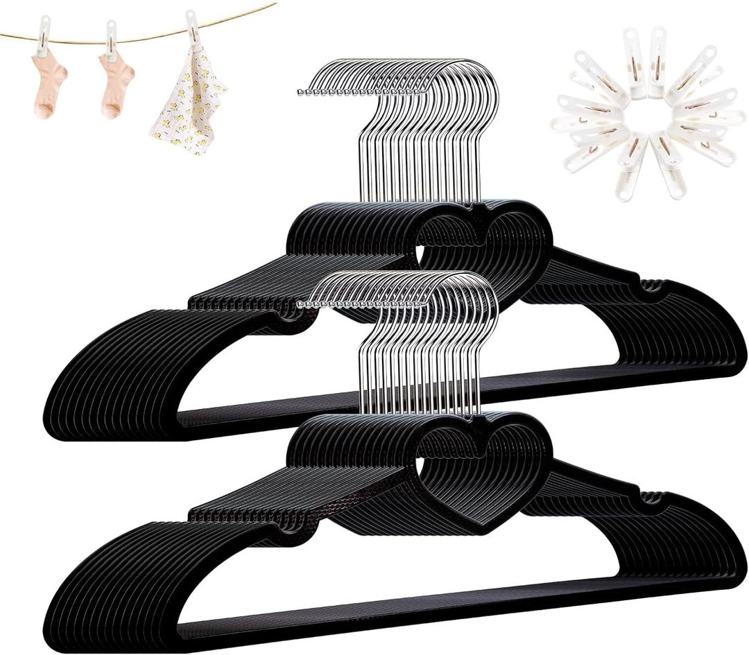 Plastic Hangers 30 Pack, Heart-Shaped Clothes Hanger Ultra Thin Space Saving - Black Slim Hangers with 360 Degree Swivel Hook & Clips -Strong Durable Adult Coat Hangers for Dress, Shirts, Coats