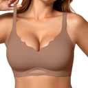 OEAK Womens Wireless Bras Scalloped Push Up Bralettes No Underwire Supportive Tshirt Bra Seamless Comfortable Everyday Bras (Medium, Coffee)