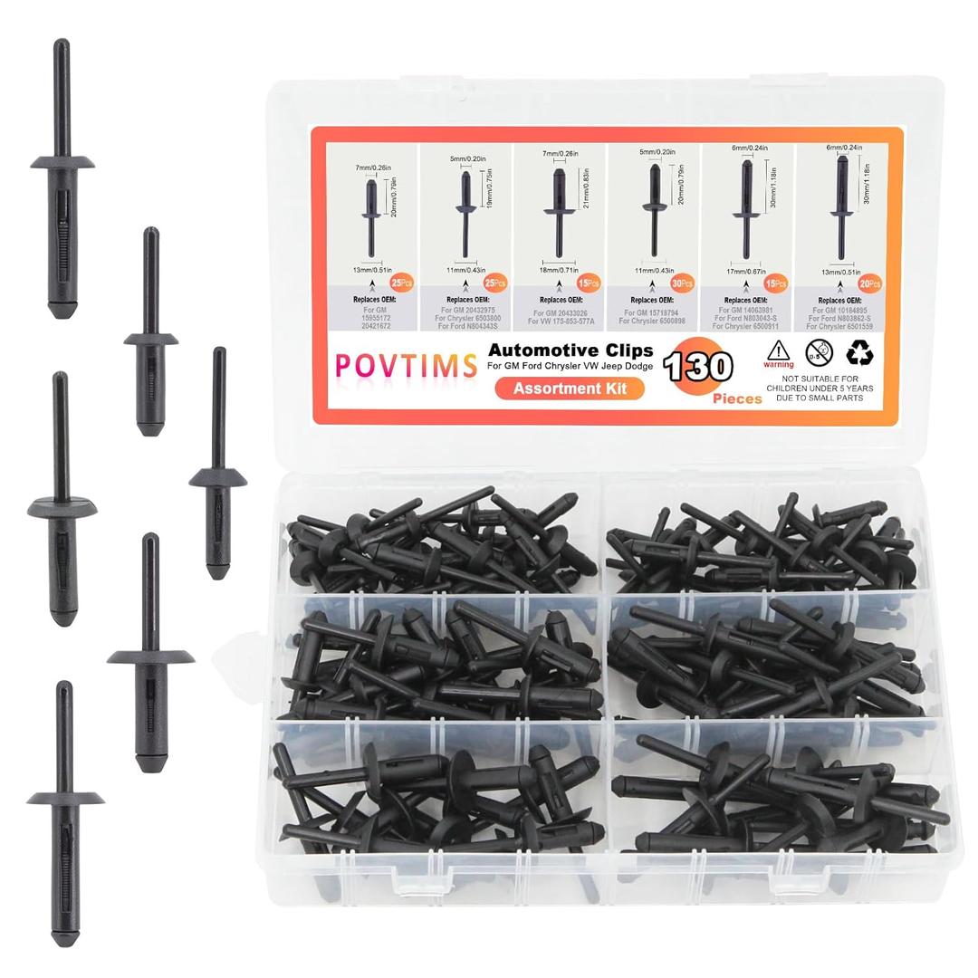 130pc Blind Rivet Kit, Pop Rivets Fasteners Assortment, 6 Size Nylon Retainer Clips for Car Engine Bumper Fender Cover (Universal)
