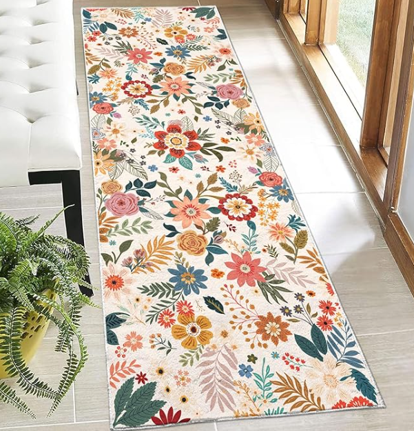 Entryway Rug Door Mat Indoor Entrance Non Slip Machine Washable Area Rugs 2x3 Small Boho Black Floral Front Door Entry Mats Low Pile Carpet Throw Rugs for Entryway Bedroom Kitchen (White)