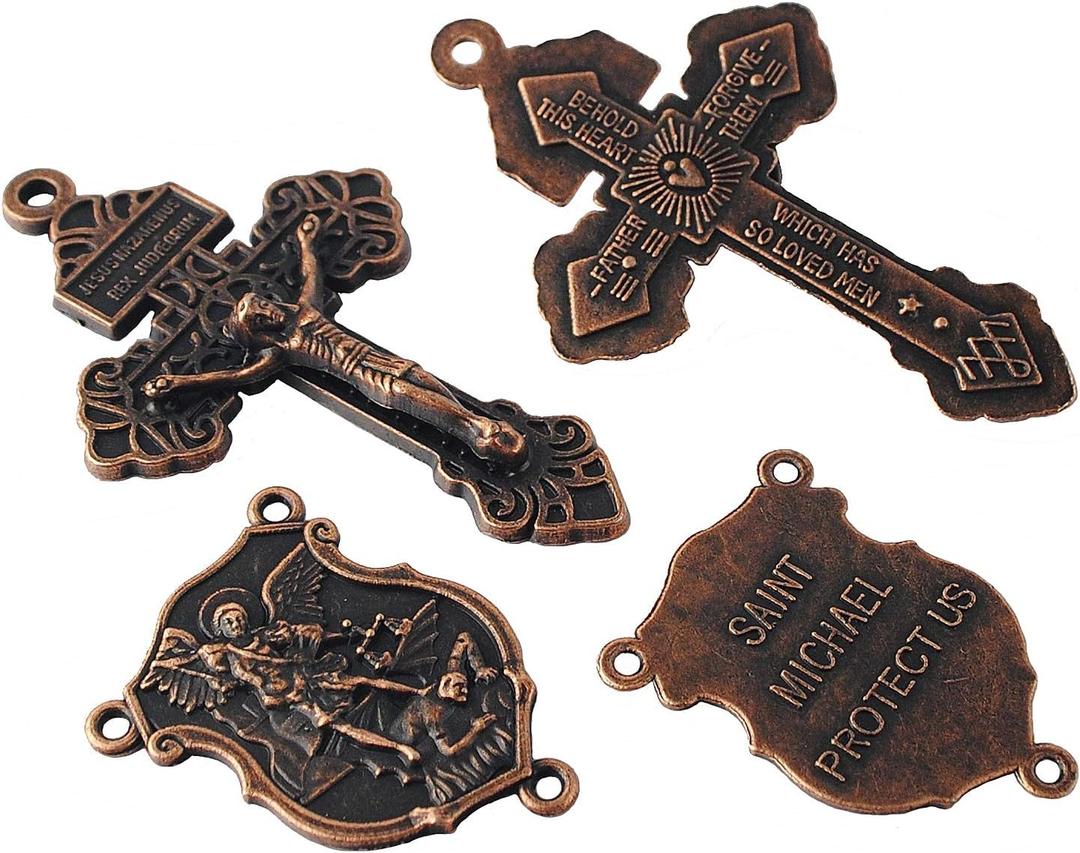 4 Sets of Saint Michael Centerpiece and Pardon Crucifix for DIY Making Rosary (Anti-Copper)