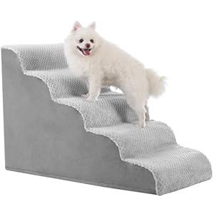 MIHIKK Dog Stairs Ramp, Curved 5-Step Dog Steps for Small Dogs and Cats, Pet Stairs for High Beds and Couch with Anti-Slip Washable Cover and Durable High Density Foam, Grey