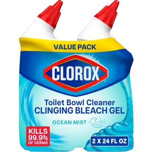 Clorox Toilet Bowl Cleaner, Clinging Bleach Gel, Ocean Mist - 24 Ounces, Pack of 2