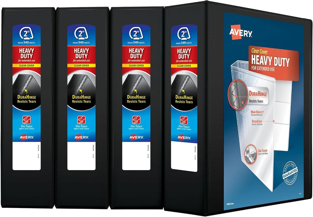 Avery Heavy-Duty View 3 Ring Binder, 2" One Touch Slant Rings, Holds 8.5" x 11" Paper, 4 Black Binders (79872)