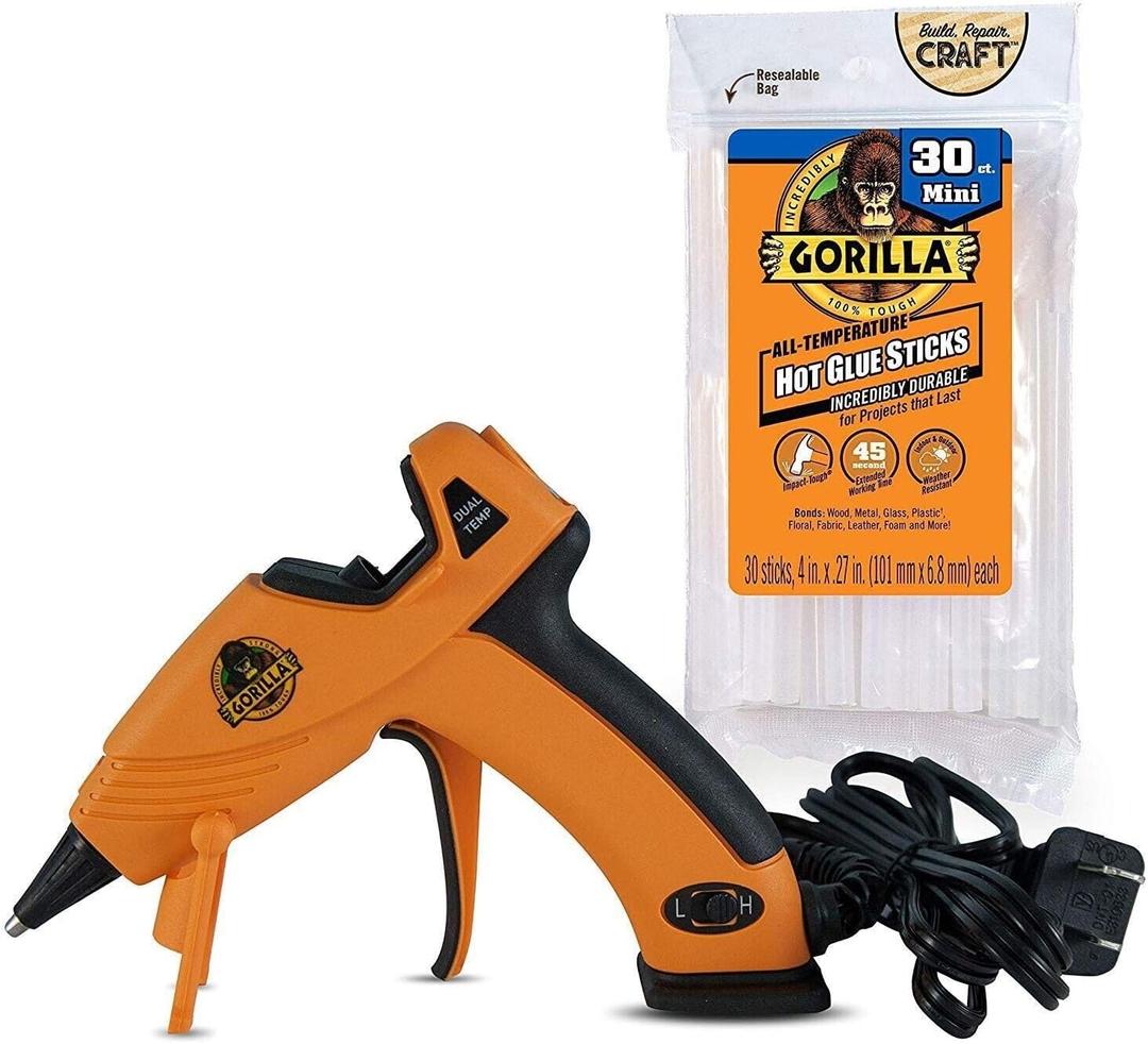 Gorilla Dual Temp Mini Hot Glue Gun Kit with 30 Hot Glue Sticks, 1 Pack - Glue Gun + 30 Sticks, Set of 3
