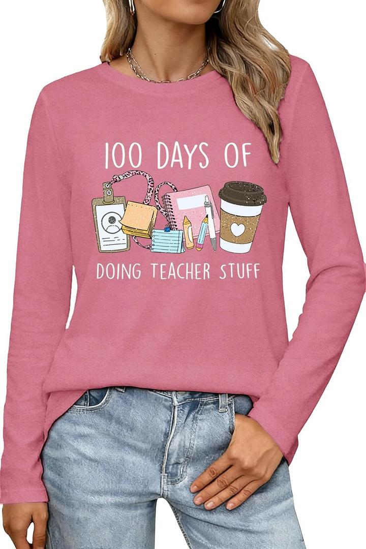 100 Days of School Shirt Teacher School Days Long Sleeve Shirts Funny 100 Days Celebration Tee Tops (Pink, XL)