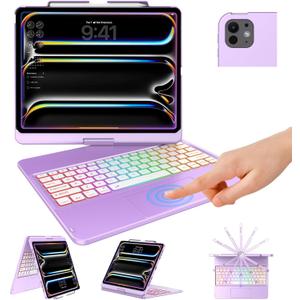 TQQ iPad Pro 13-inch Case with Keyboard (M5 2025 / M4 2024), iPad Pro 13 Keyboard Case with Pencil Holder, Multi-Touch Trackpad, 360 Rotatable, 7-Color Backlit, Thin & Light (Purple)
