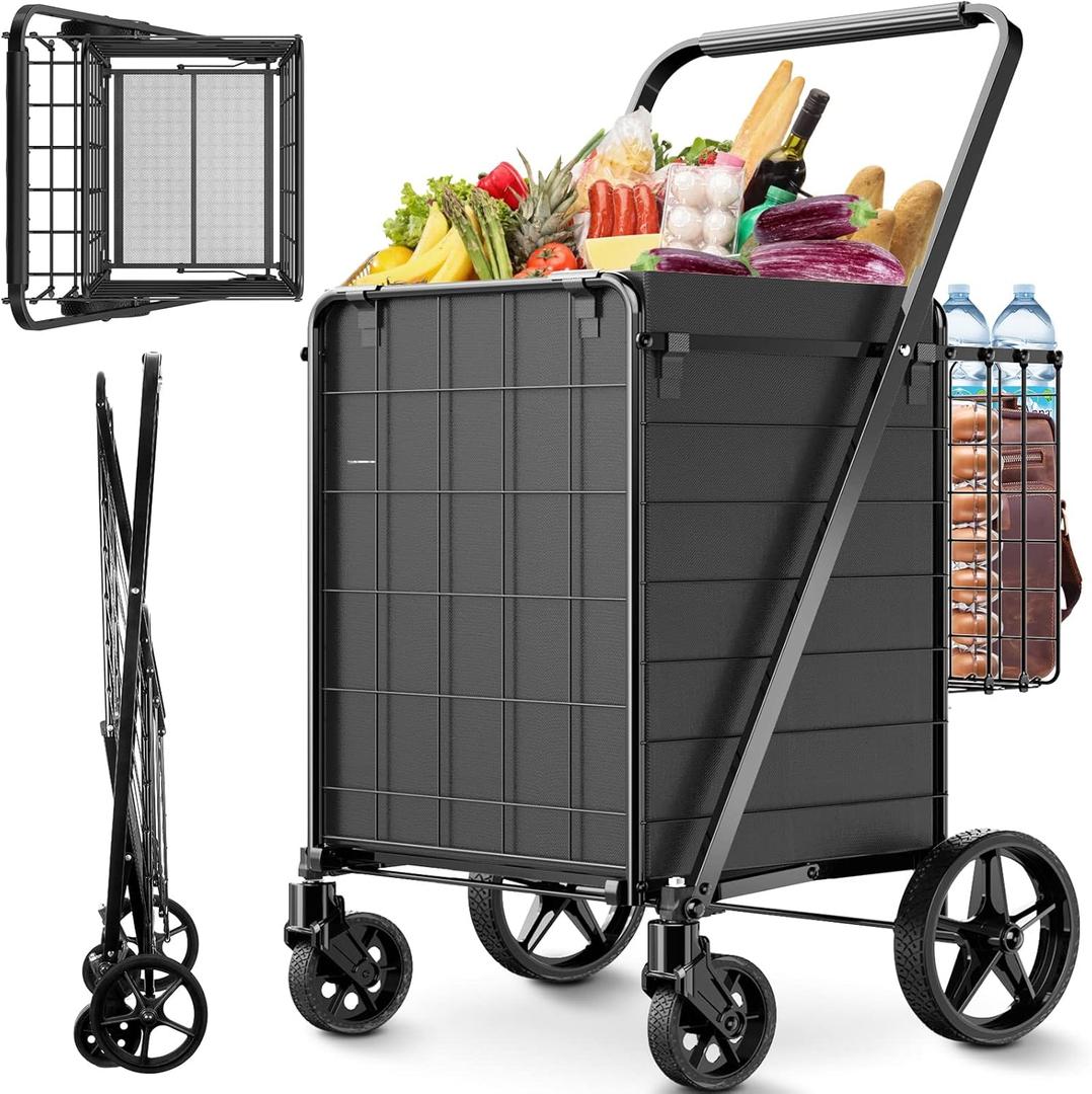 Folding Shopping Cart for Groceries,360 lbs Capacity Grocery Cart with Waterproof Liner and 360 Swiveling Wheels Collapsible Shopping Carts with Double Basket for Condo Laundry Transport Trip (Jumbo)