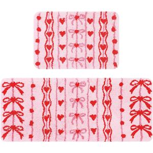 2 Pcs Pink Heart Bows Bathroom Mat Set 20 x 47 Inch Soft Plush Bath Rugs Non-Slip Backing Washable Tufted Absorbent for Bathroom Decoration Carpet Indoor Party Favors Decor