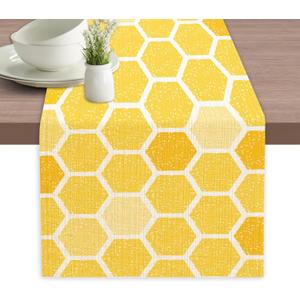 Honeycomb Bee Geometric Table Runner Dresser Scarves Seasonal Linen Tablerunner for Indoor Outdoor Kitchen Home Party Holiday Dining Table Decor 13 X 70 Inch