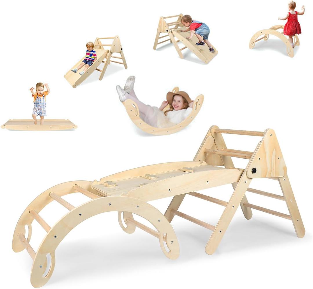 Pikler Triangle Toddler Climbing Toys Set, 5 in 1 Foldable Wooden Indoor Triangle Set with Triangle Ladder, Climbing Ramp, Arch Climber, Rocker, and Slide for Montessori Gym Toys for Kids (Small)