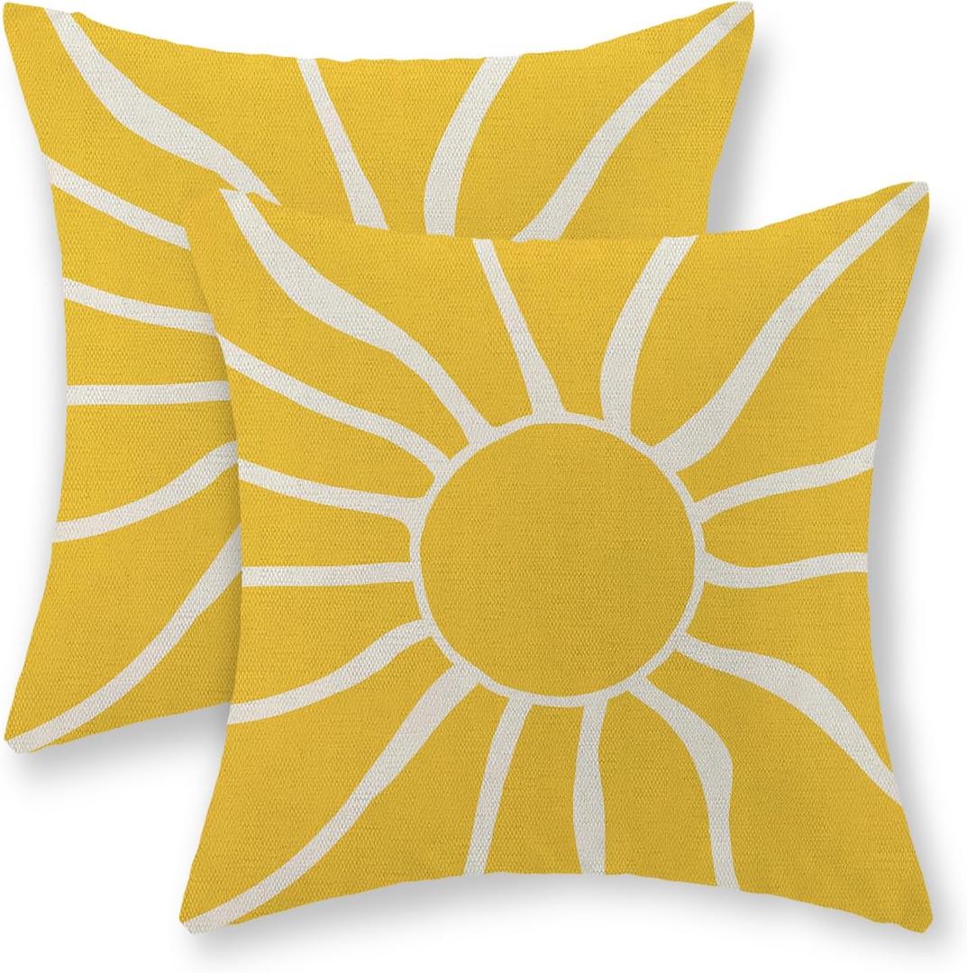 Summer Pillow Covers 18x18 Inch Set of 2, Yellow Sun Decorations Outdoor Throw Pillows Boho Summer Sunshine Sunrise Pillowcase Linen Decor Square Modern Farmhouse Cushion Case for Couch Sofa