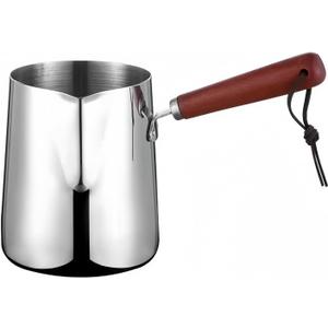 Milk Butter Warmer Pot, 18oz/550ml Turkish Coffee Pot with Wooden Handle, Stovetop Chocolate Melting Pan, Cezve Ibrik Briki Greek Arabic Coffee Maker for Maple Syrup, 18/8 Stainless Steel
