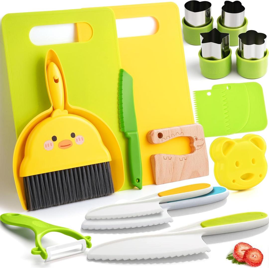 Kids Kitchen Tools,18 Pieces Toddler Cooking Sets Real-Montessori Cooking Set for Toddlers Kids Chef Set with Children Safe Knives Cutting (19PCS)
