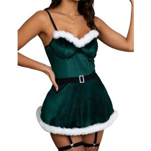 CHALOVELO Christmas Lingerie for Women Sexy Santa Outfits Lace Teddy Bodysuit Underwired Corset V Neck One Piece Babydoll (Green, S)