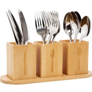 Qivine Acacia Wood Utensil Holder, Wooden Silverware Holder Countertop Utensil Organizer Silverware Organizer with Tray, Kitchen Utensil Organizers for Forks, Spoons, Knives (Bamboo)
