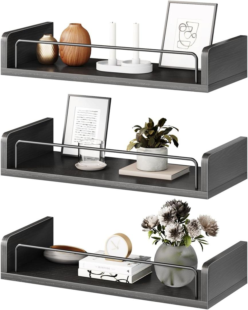 Floating Shelves for Wall, Floating Shelves for Bedroom Kitchen Decor, Wall Mounted Rustic Farmhouse Wood Shelf for Books, Plants, Set of 3 (Black) 15.74 inches L x 6.7 inches W x 6.4 inches H