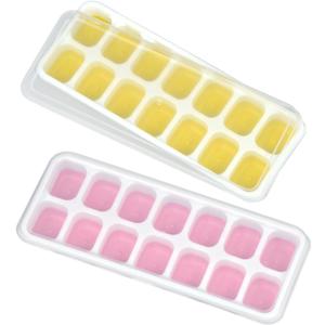 Ice Tray, Ice Cube Tray with Spill-Resistant Lids, Ice Cube Tray,2 Packs 28 Cubes, Easy-Release, Stackable, Reusable Ice Tray, for Cocktail, Coffee, Beer, Drinks (2, Yellow + Pink, 8.07x3.07 inch)