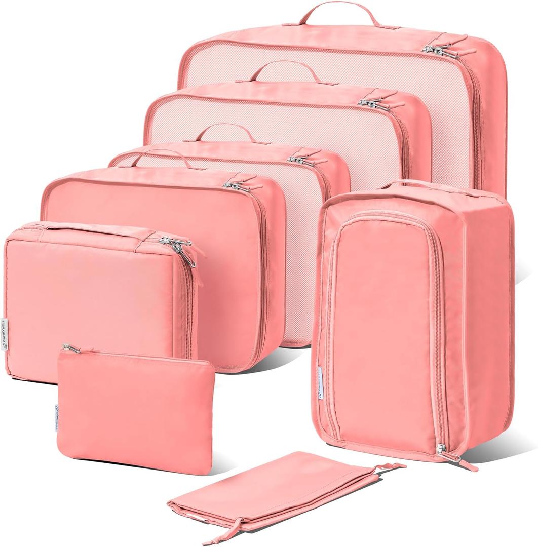 8 Set Packing Cubes For Travel, Luggage and Suitcase Organizer Bags, Lightweight and Waterproof Nylon (Pink)