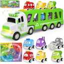 7-in-1 Toddler Truck Toys for 2 3 4 5 Year Old Boys - 17" Longer Transport Eco Truck with 6 Cute Pull Back Cars and Playmat, Carrier Truck with Light & Sound, Birthday Gifts for Kids 2-5 (Yellow)